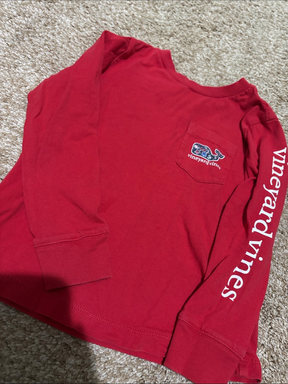 Vineyard Vines Red Long-Sleeve Pocket Tee with Sleeve Script